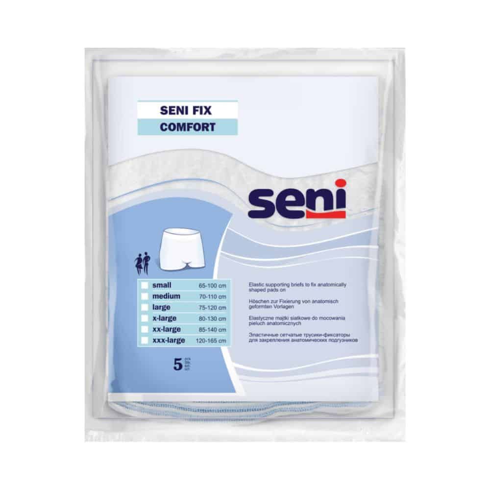 Verpackung mit Seni Fix Comfort. Aufdruck: Seni, Größenangaben, 5 Stück. Produkt in Folie verpackt.