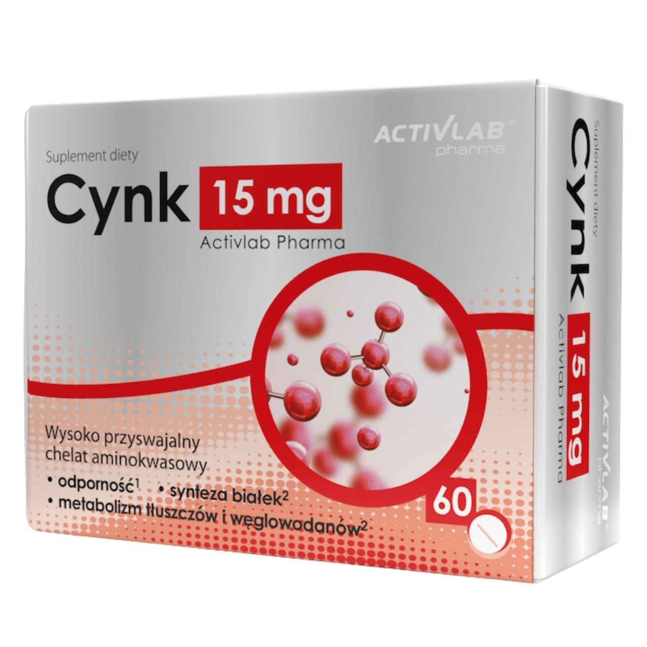 Activlab Pharma Zink 15 mg Nahrungsergänzungsmittel-Schachtel mit 60 Tabletten. Molekülstruktur-Grafik.