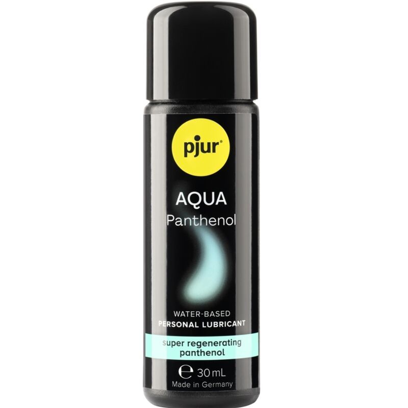 Pjur Aqua Panthenol, 30ml Flasche. Schwarze Flasche mit schwarzem Deckel. Gelber Markenname, blaue Schrift.