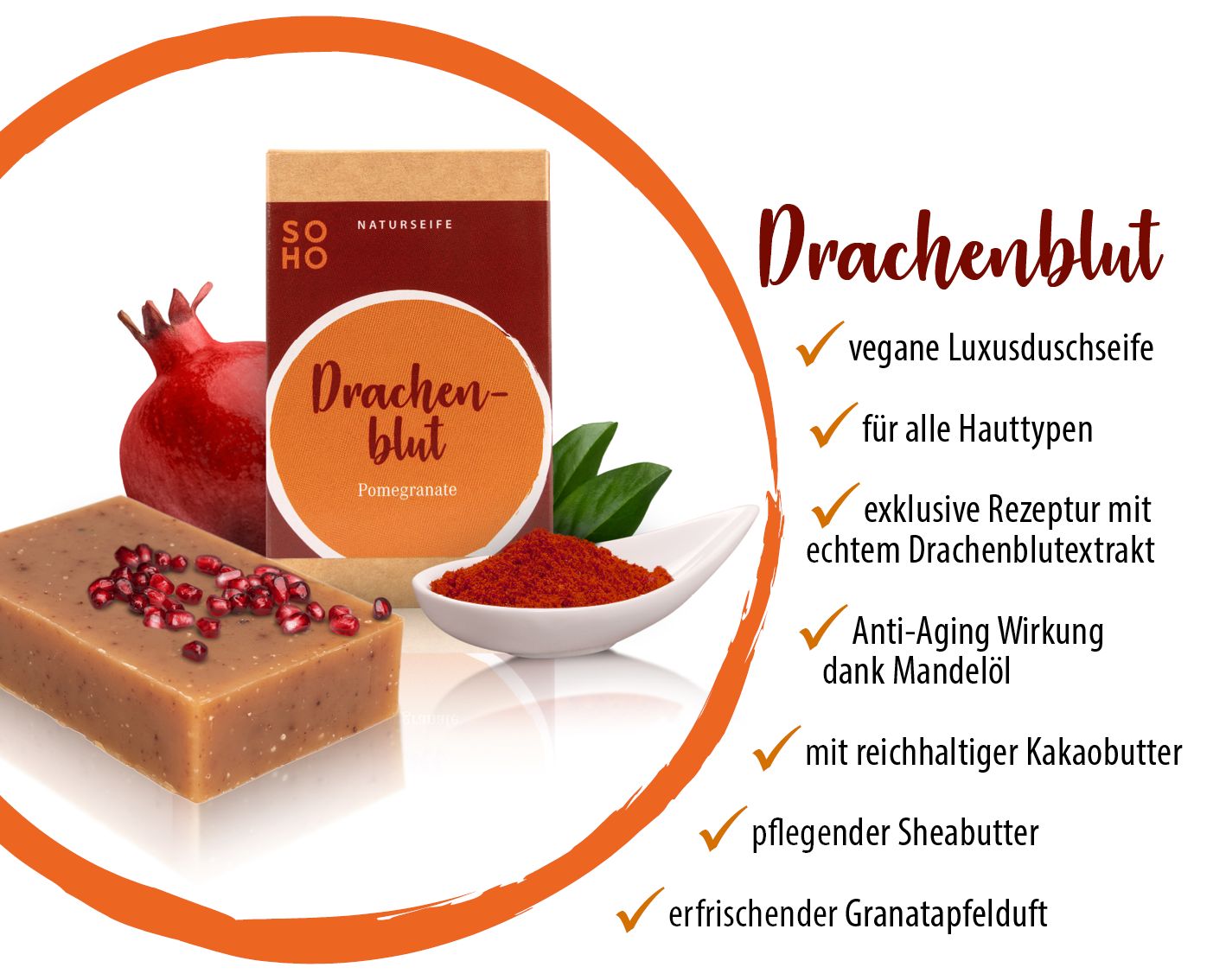 Duschseife, Granatapfel, Zutaten. Seife, Granatapfel, Pulver, Blätter. Rote Verpackung mit Text.