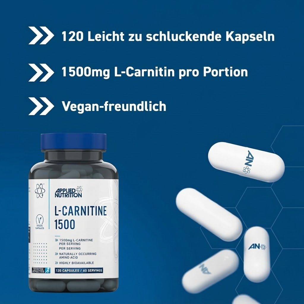 Flasche mit 120 L-Carnitin Kapseln, 1500mg pro Portion, vegan.