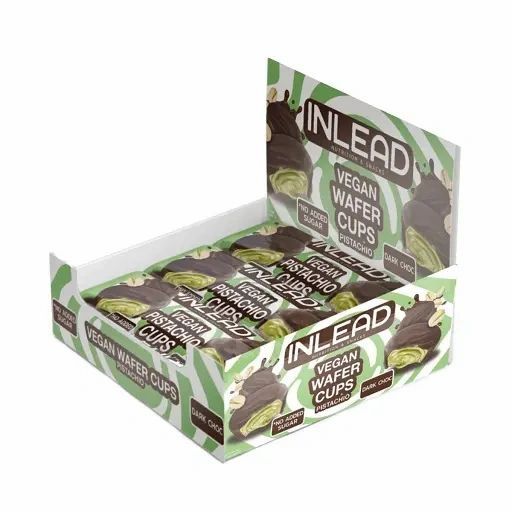 Displaybox mit 12 INLEAD veganen Waffelhörnchen mit Pistazien-Füllung und dunkler Schokolade.
