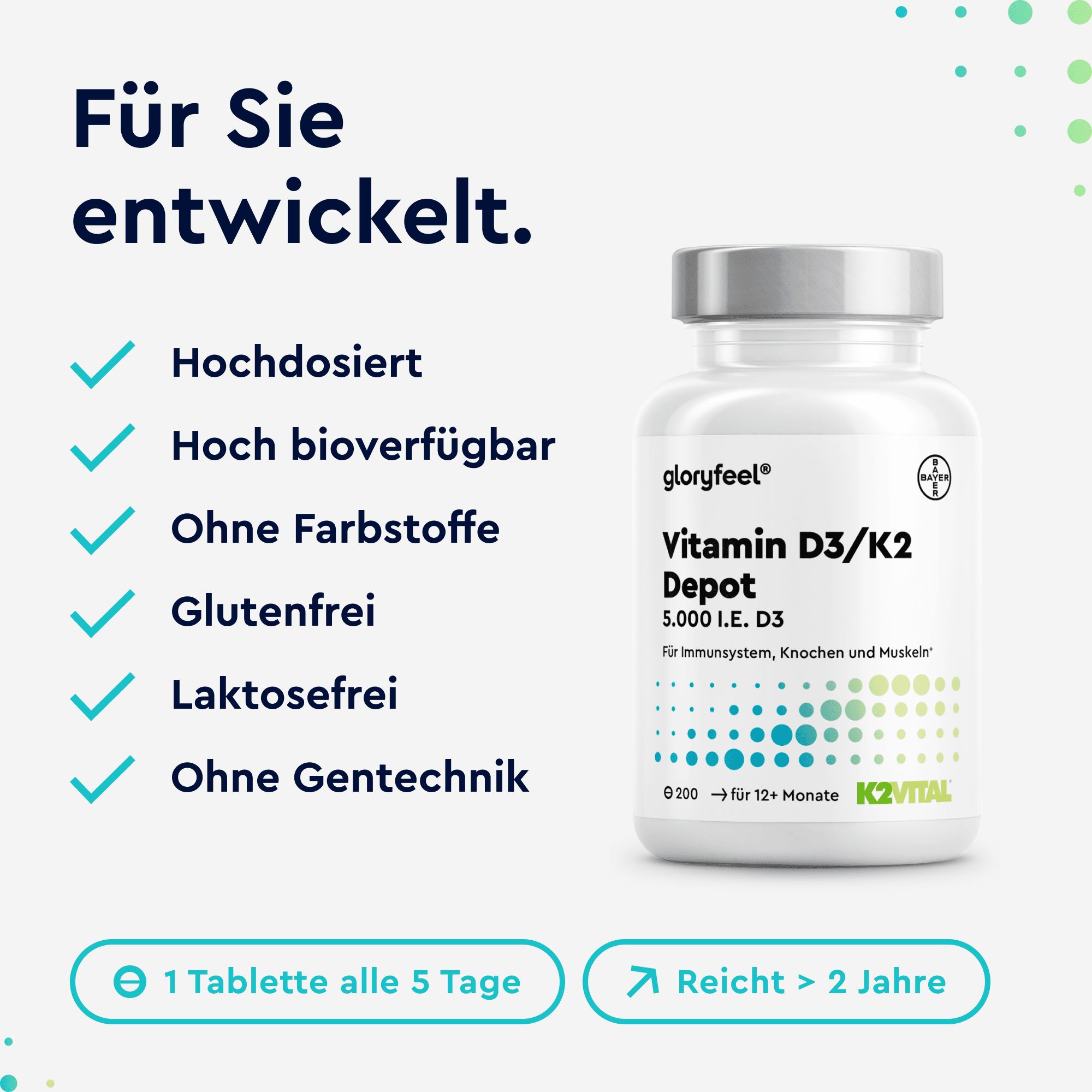 Gloryfeel Vitamin D3/K2 Depot: Hochdosiert, bioverfügbar, gluten- und laktosefrei.