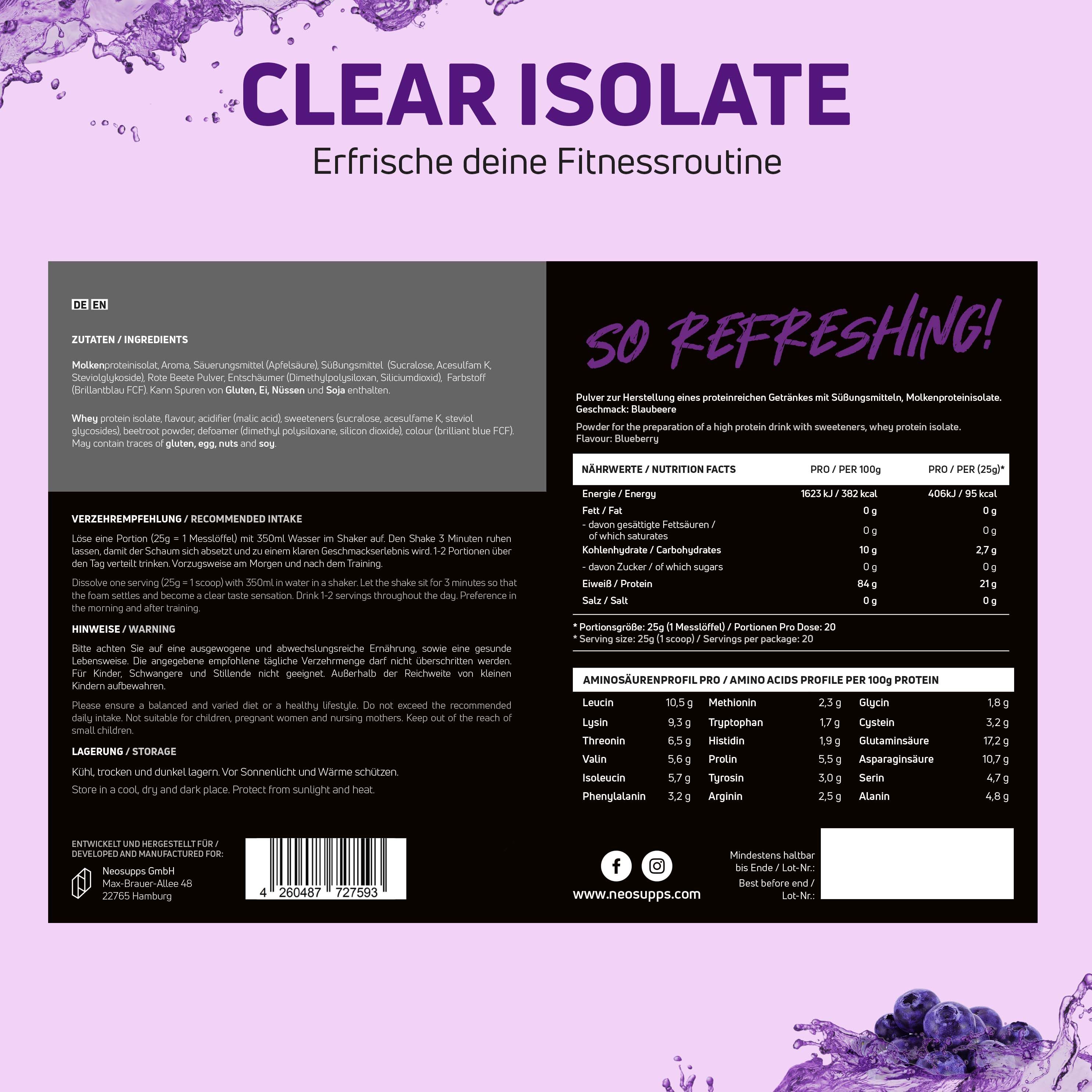 Produktetikett mit Informationen zu Inhaltsstoffen und Nährwerten. Text: CLEAR ISOLATE, So Refreshing!
