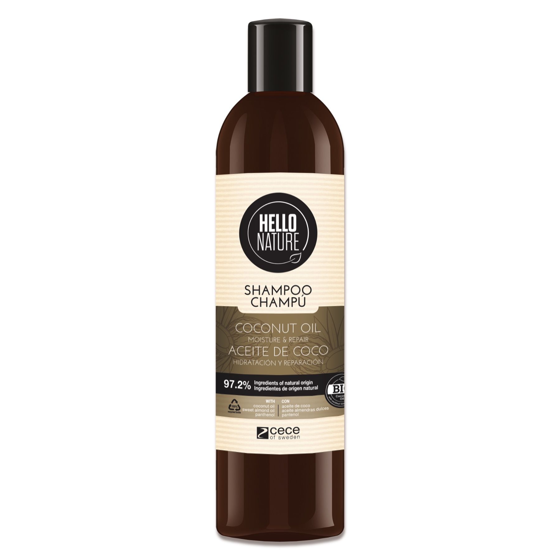 Braune Shampoo-Flasche mit schwarzem Deckel. Aufschrift: Hello Nature, Shampoo. Kokosöl. 97,2% Inhaltsstoffe natürlichen Ursprungs.