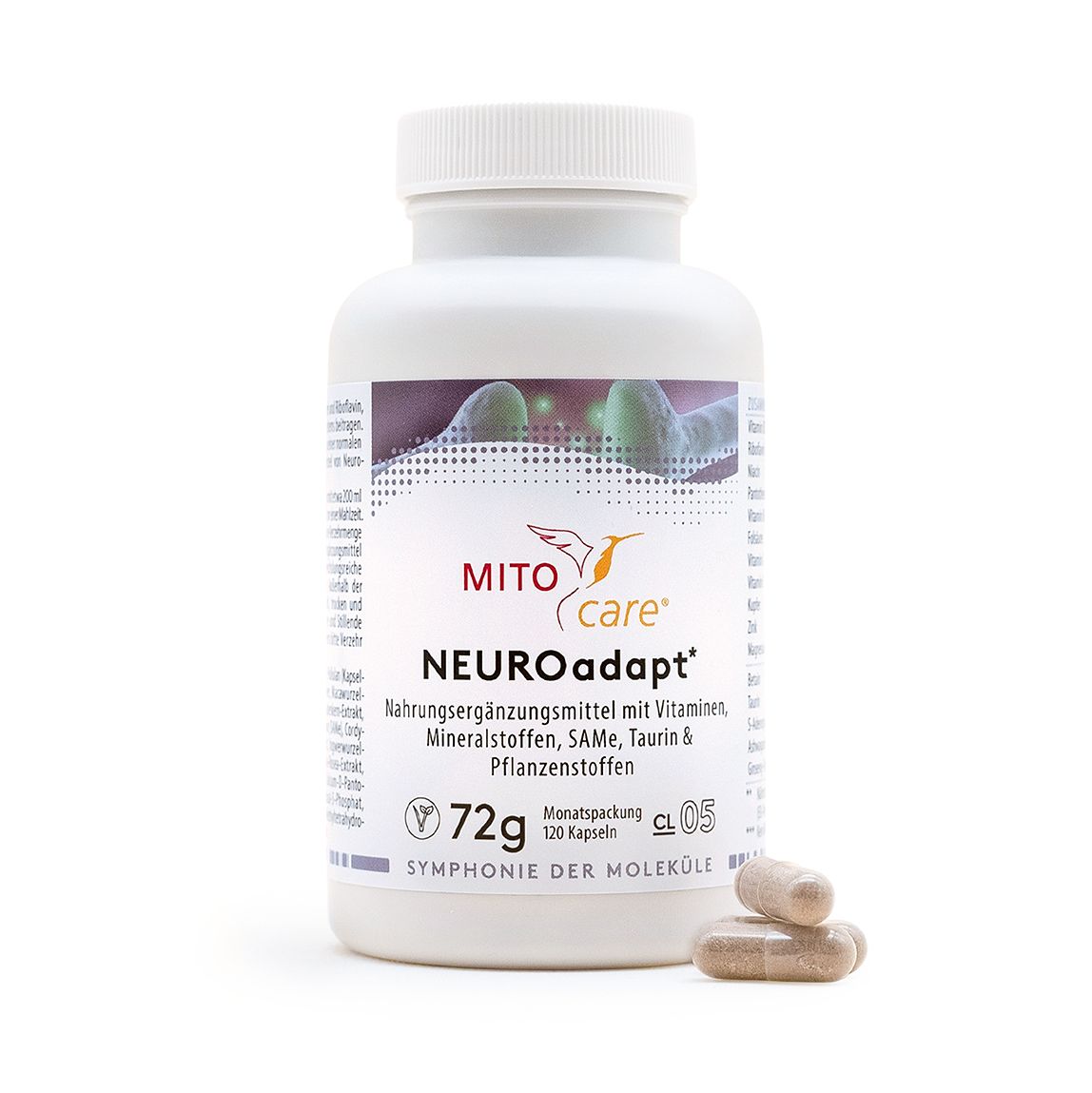 MITOcare® NEUROadapt Kapseldose mit 120 Kapseln, 72g. Enthält Vitamine, Mineralstoffe und Pflanzenstoffe.