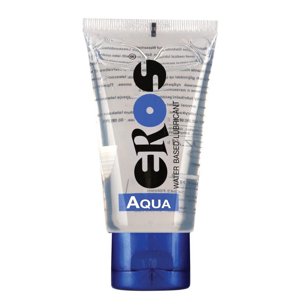 Transparente Tube mit blauem Verschluss. Aufschrift: EROS Aqua. Wasserbasiertes Gleitmittel.