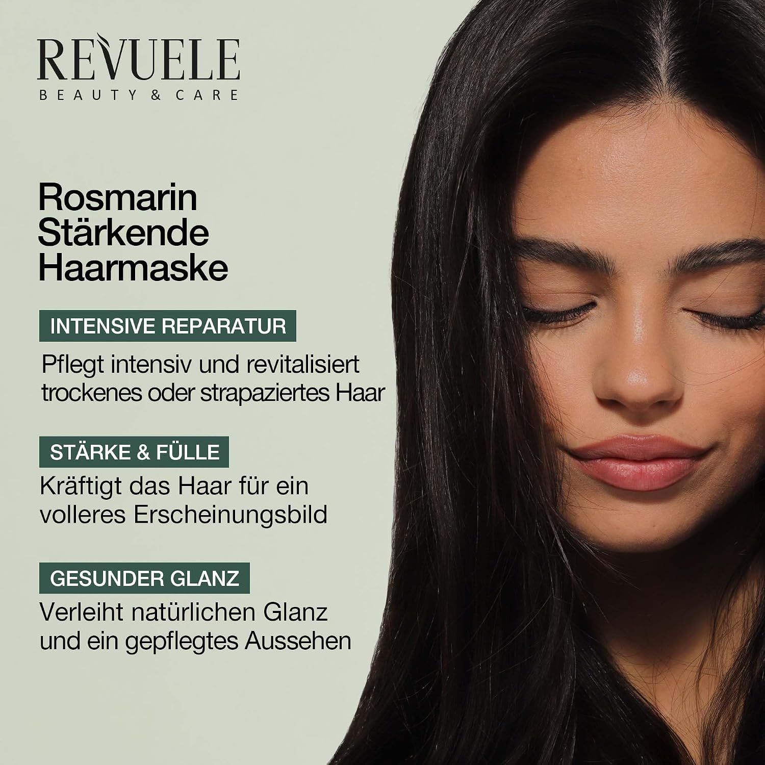 Frau mit dunklen Haaren, "REVUELE" Logo, "Rosmarin Stärkende Haarmaske" Text.