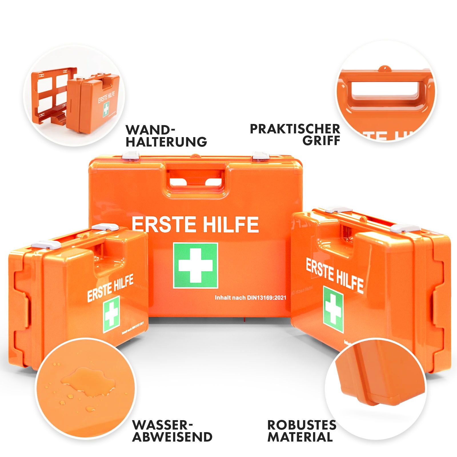 Drei orange Erste-Hilfe-Koffer. Wandhalterung, robuster Griff, wasserabweisendes Material. Robustes Material.