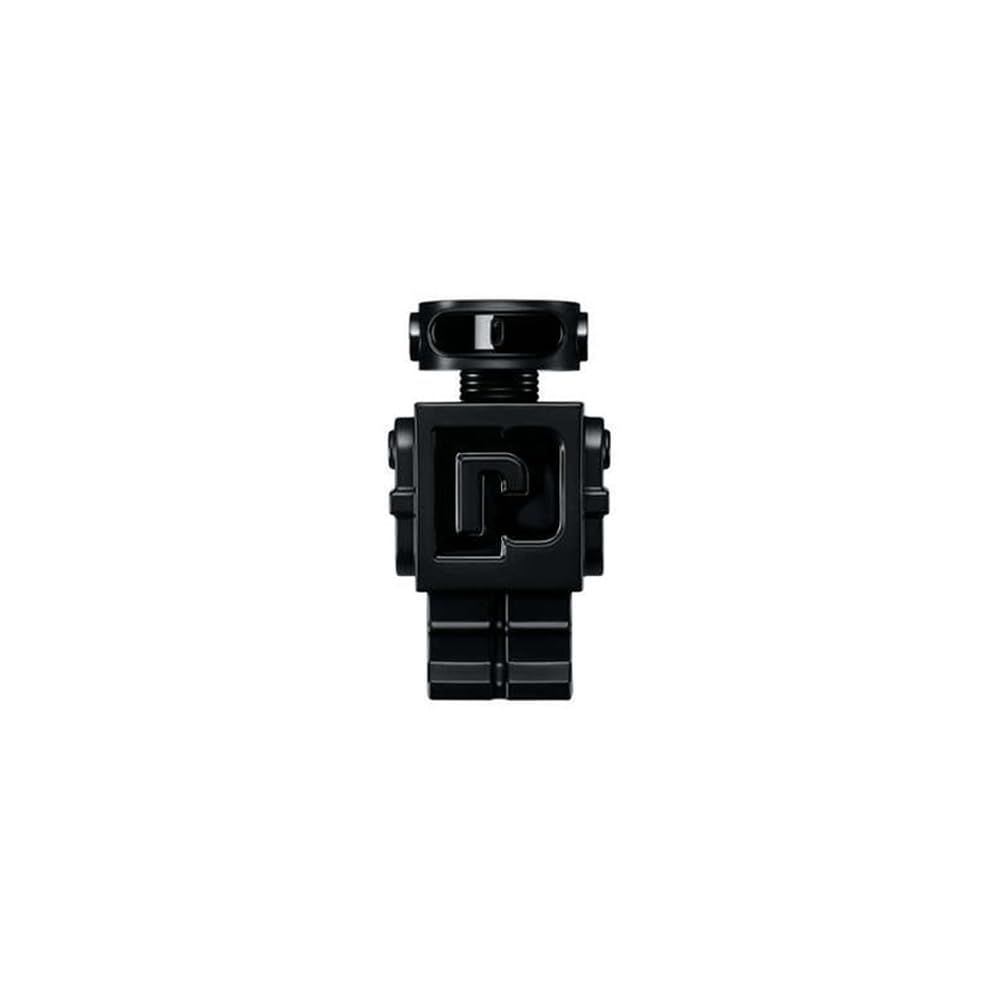 Schwarzer Flakon in Roboterform. Das Logo "P" ist auf der Brust zu sehen. Der Flakon hat einen schwarzen Deckel.