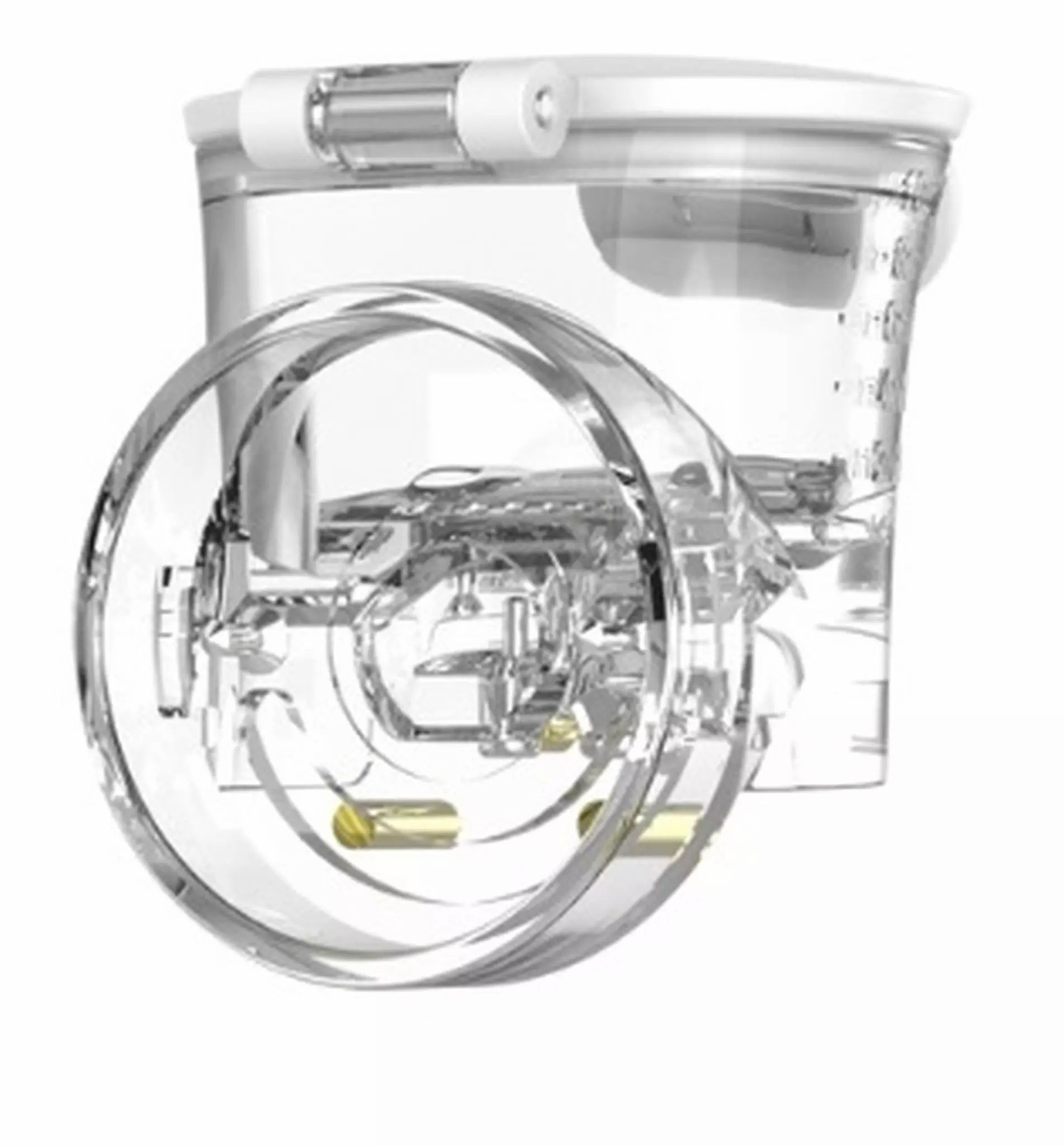 Transparenter Behälter mit sichtbarem internen Mechanismus und Messskala.