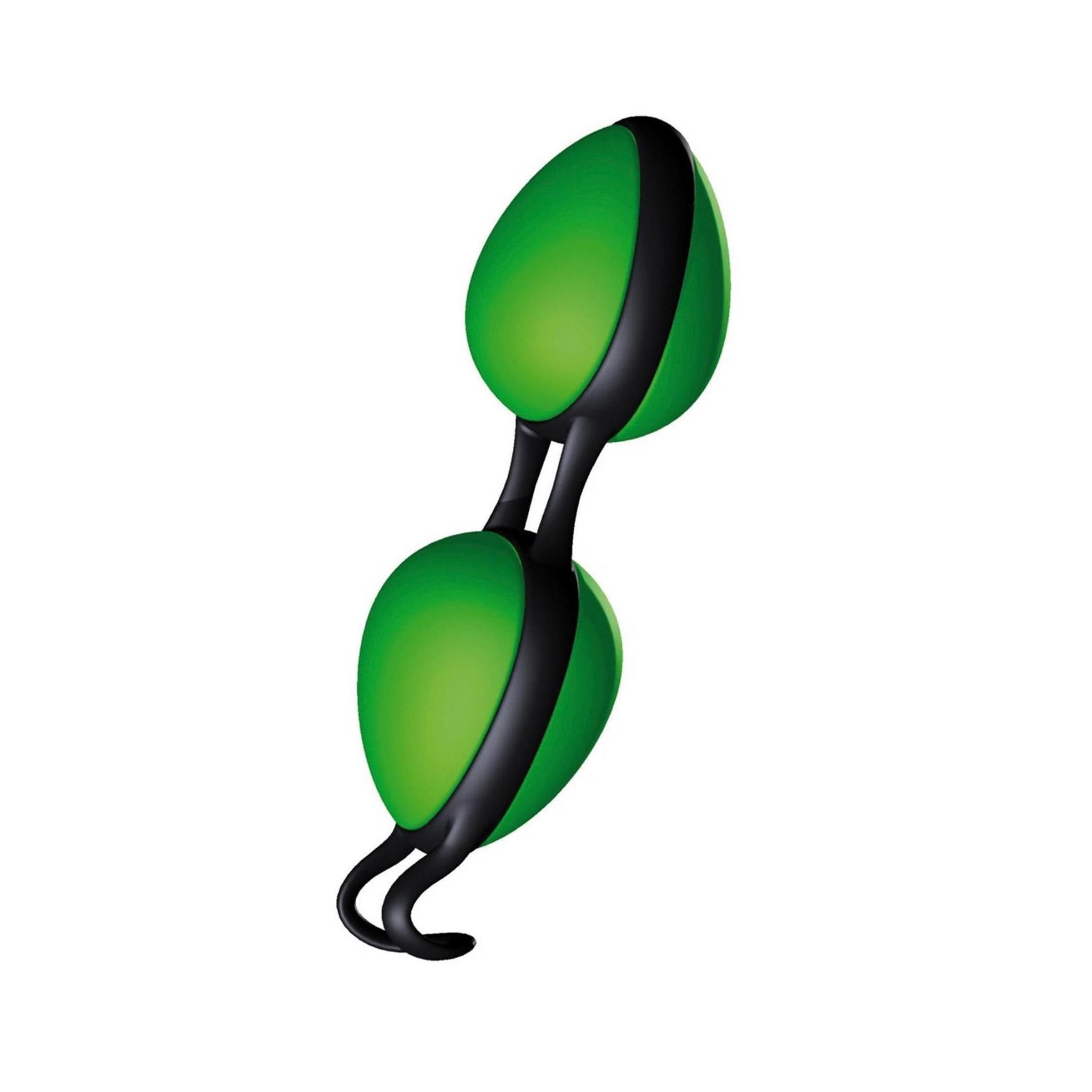Zwei grüne, ovale Kugeln mit schwarzen Ringen und Verbindungssteg. Schwarze Schlaufen an den Enden.