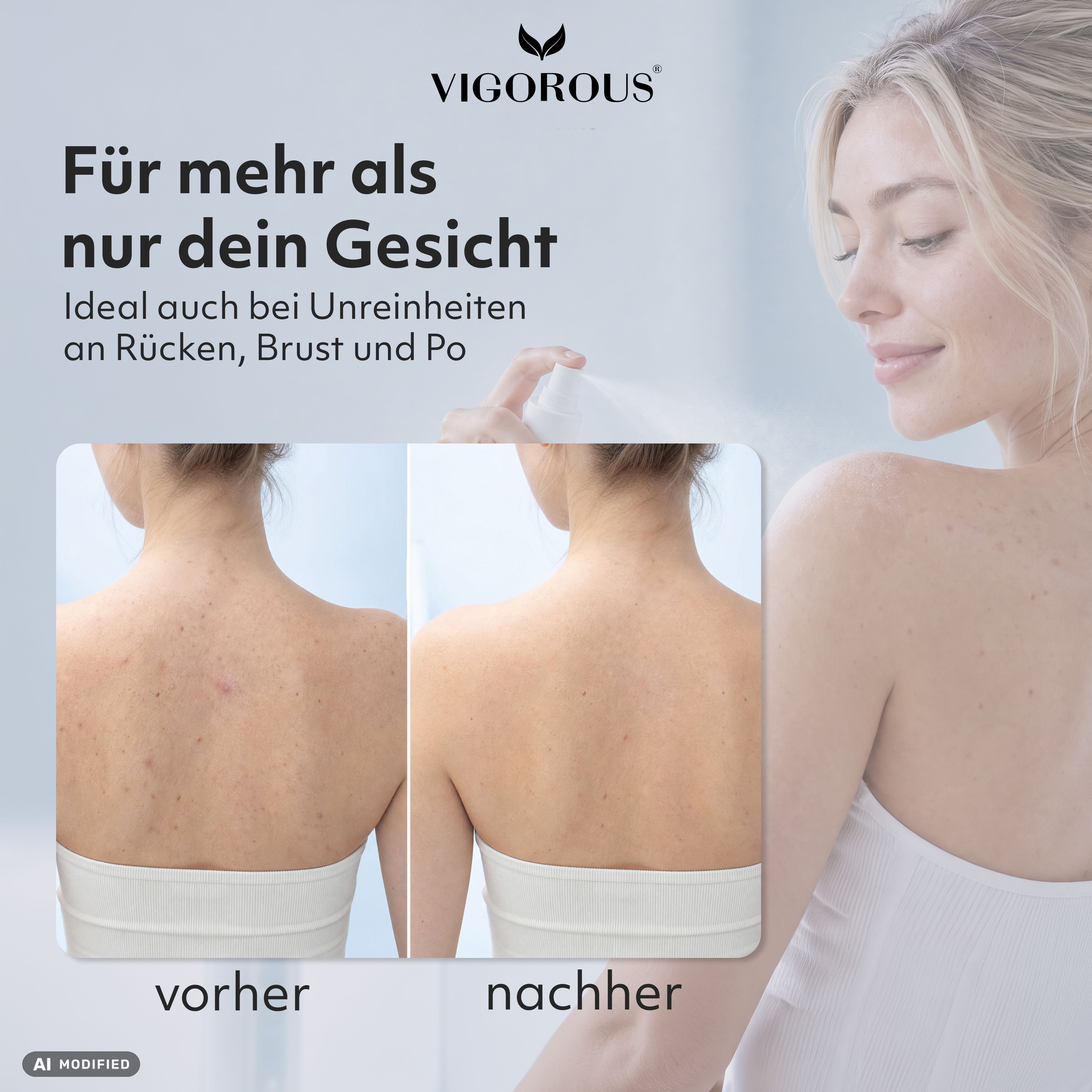 Vorher/Nachher-Vergleich: Rücken mit weniger Unreinheiten nach Anwendung.