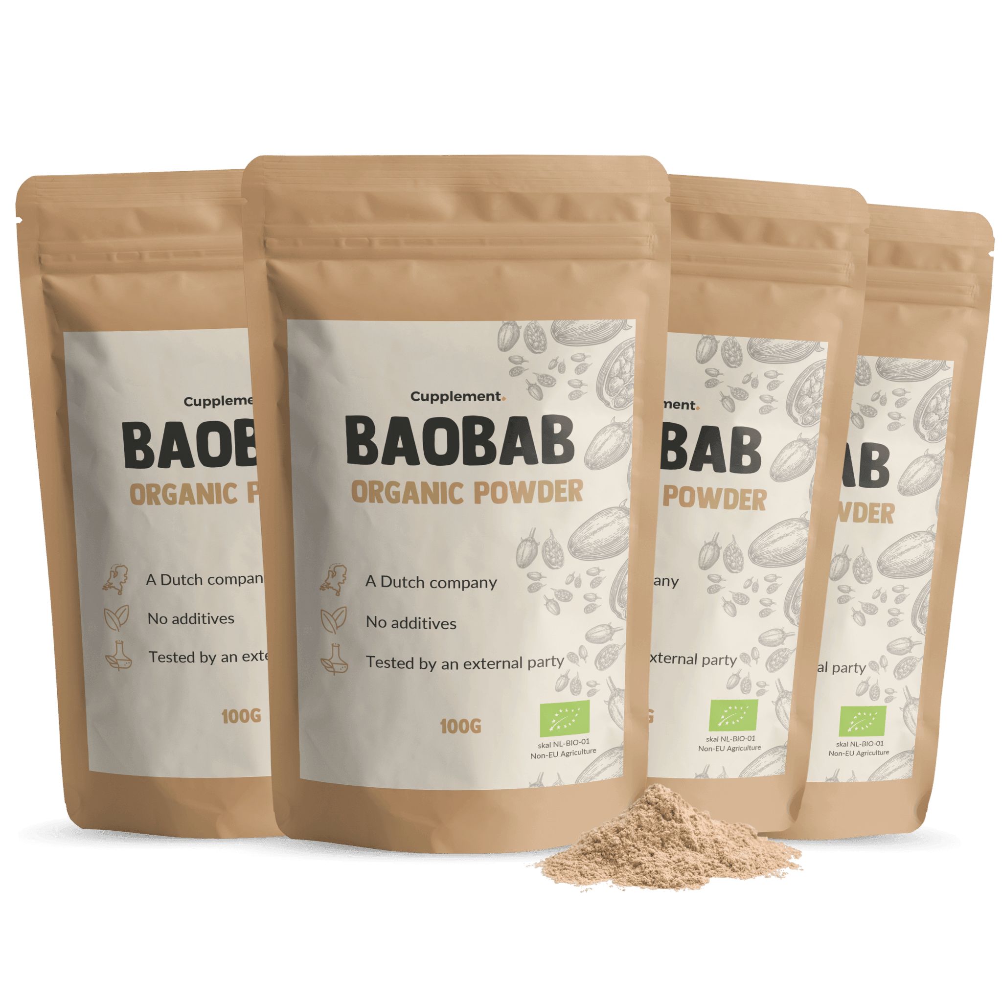 Vier Beutel Cupplement® Baobab Pulver. Braune Beutel mit weißem Etikett. Bio-Siegel. 100g. Pulver daneben.