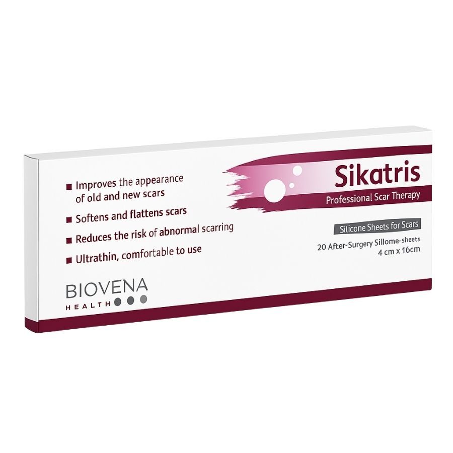 Verpackung von Silikonpflastern. Text: Sikatris, Professional Scar Therapy. Marke: Biovena Health. 20 Pflaster.