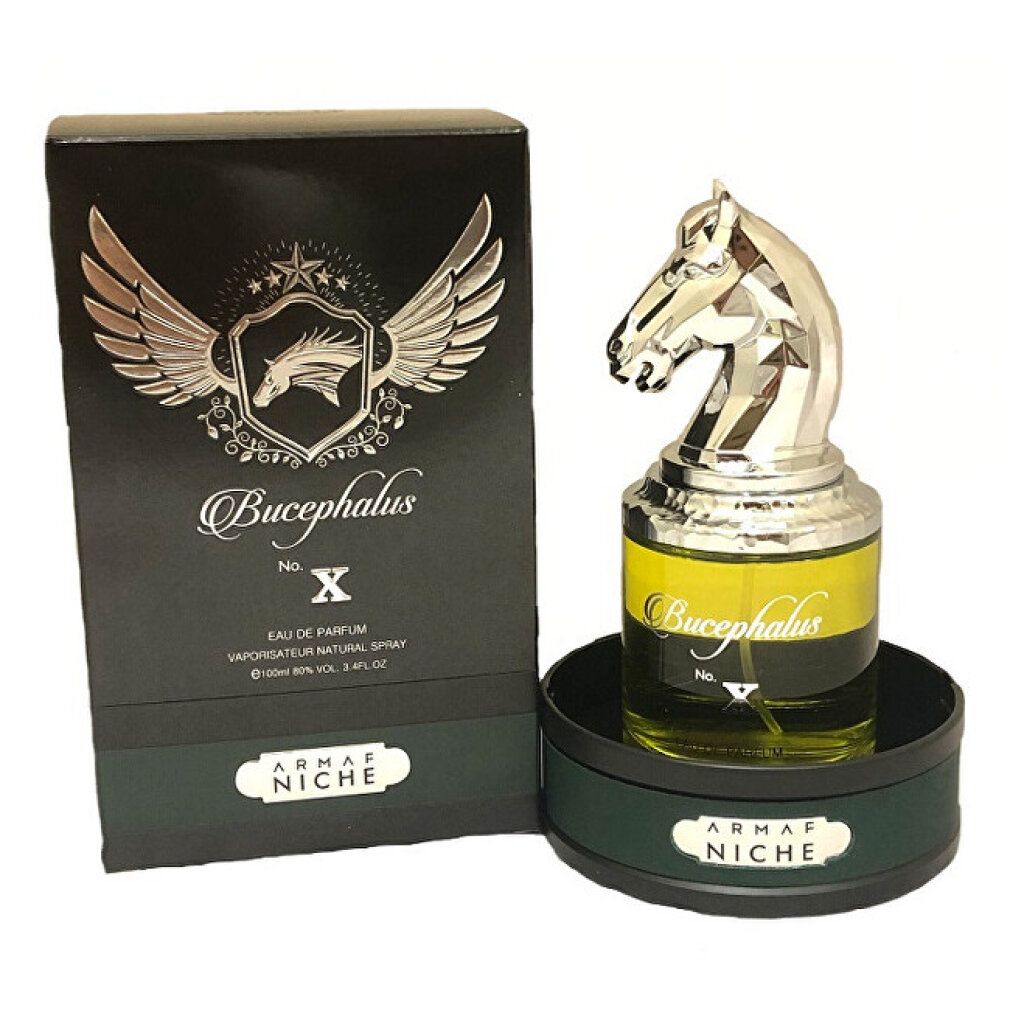 Parfumflakon mit silbernem Pferdekopf-Deckel und schwarzer Verpackung. Aufschrift: Bucephalus No. X, Armaf Niche.