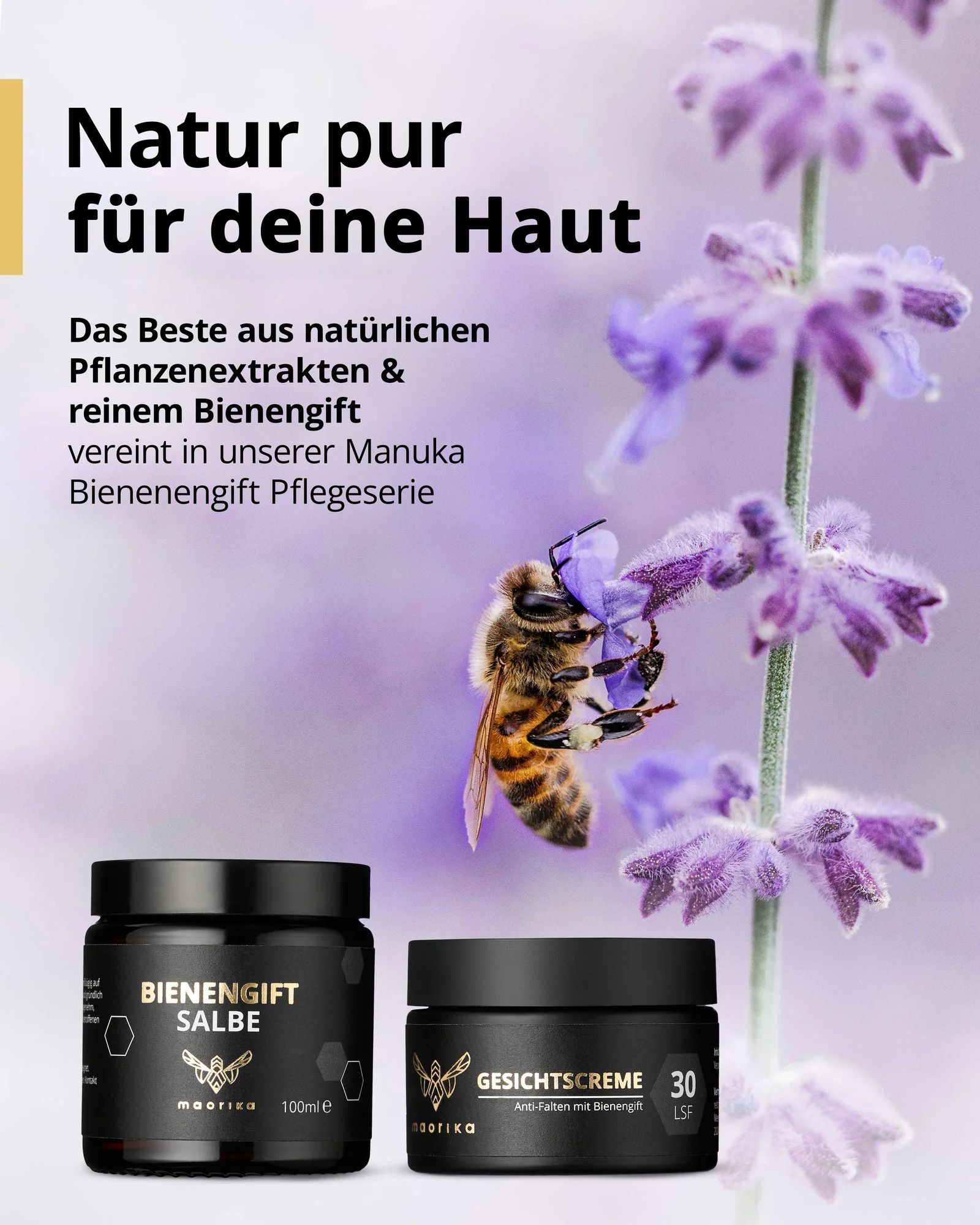 Blumen und Biene. Produkte: Schwarzes Glas BIENENGIFT SALBE und GESICHTSCREME. Text: Natur pur für deine Haut.