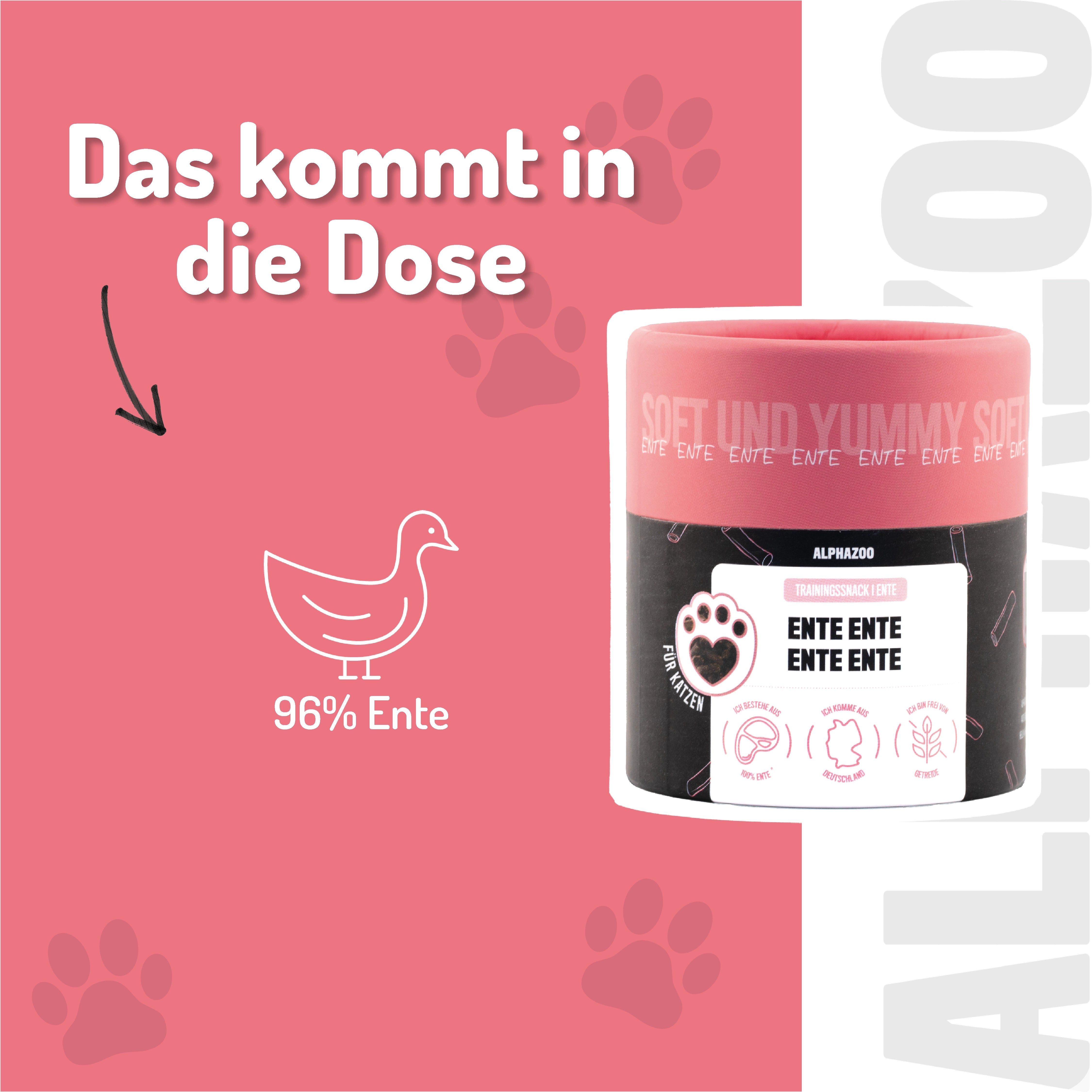 Rosa Hintergrund mit Text und Illustrationen. Dose mit Produktbezeichnung. 96% Ente. Produkt-Icons.