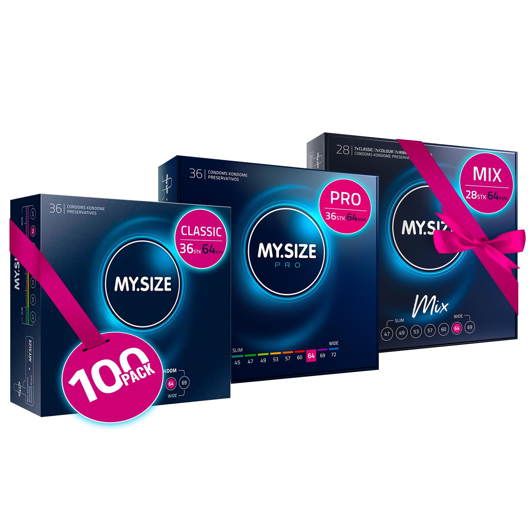 Drei MY.SIZE Kondompackungen: Classic 36/64, Pro 36/64 und Mix 28/57. Eine Packung zeigt '100 PACK'.