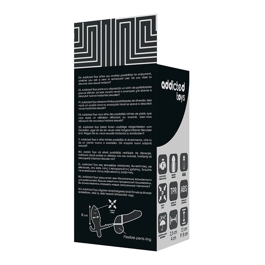 Verpackung von Addicted Toys. Text in mehreren Sprachen. Abgebildet ist ein Analplug mit Penisring. 8 cm.
