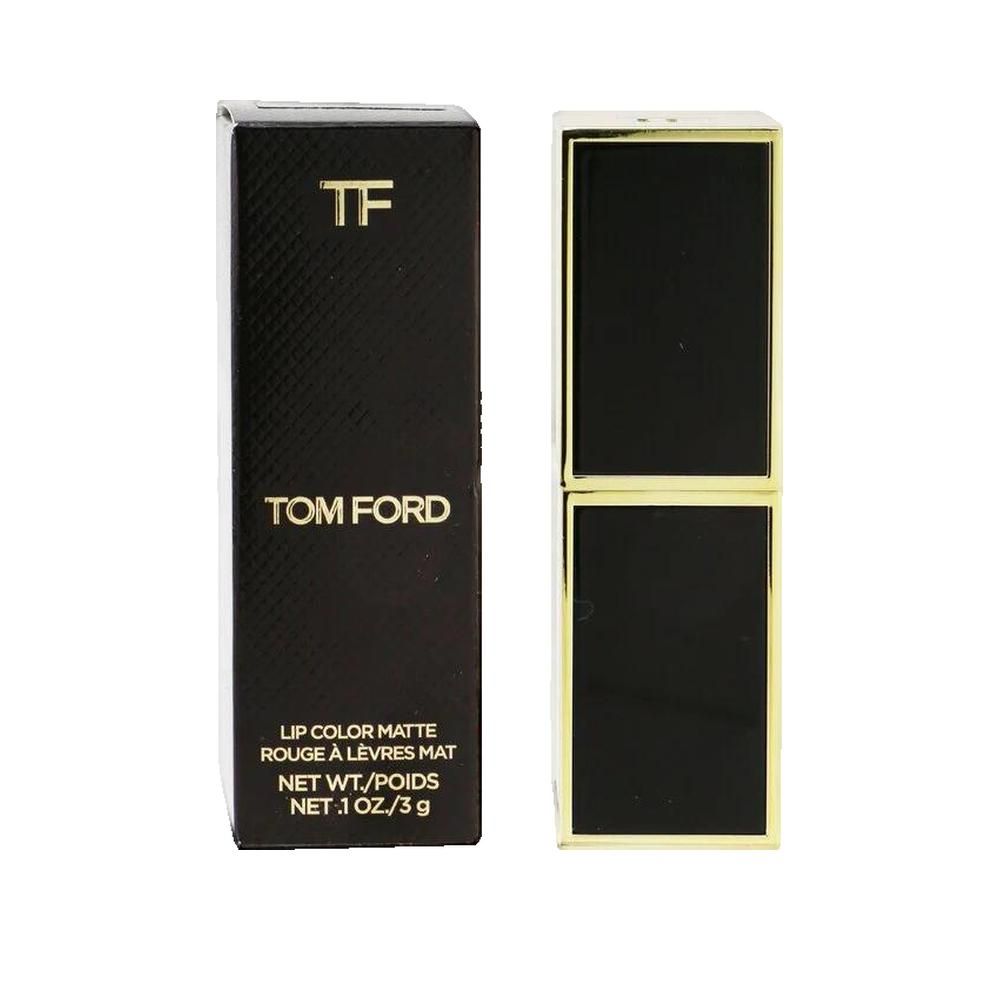 Schwarze Lippenstiftverpackung mit goldenen Akzenten. Text: TF, TOM FORD, LIP COLOR MATTE ROUGE À LÈVRES MAT, NET WT./POIDS NET .1 OZ./3 g.