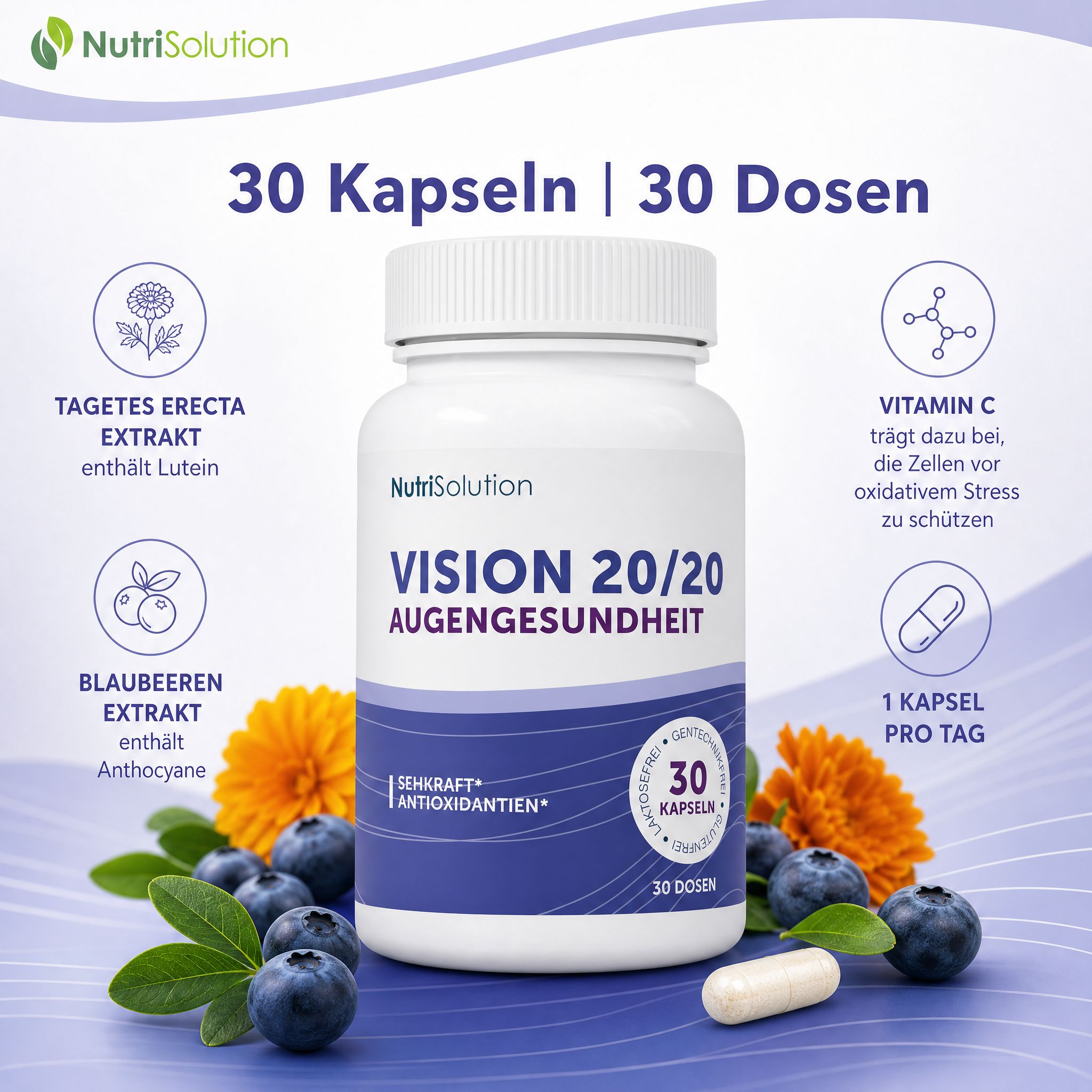 NutriSolution Vision 20/20 Dose, 30 Kapseln. Enthält Lutein, Anthocyane, Vitamin C. 1 Kapsel pro Tag.