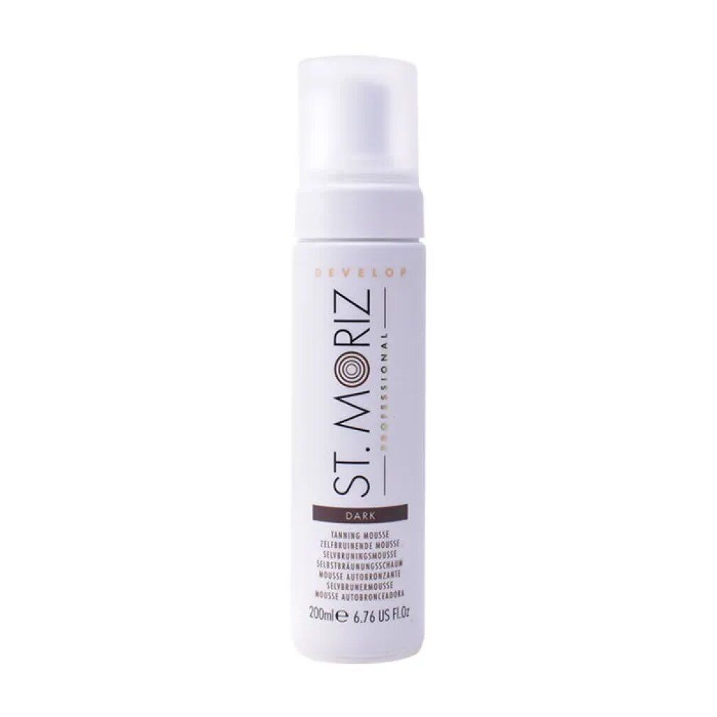 Weiße Flasche mit Sprühkopf. Aufschrift: St. Moriz Professional, Dark Tanning Mousse. Volumen: 200ml.