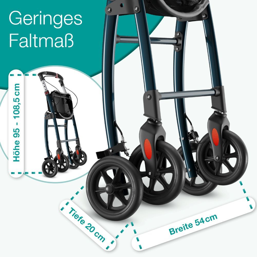 Rollator zusammengeklappt. Maße: Höhe 95-108,5 cm, Tiefe 20 cm, Breite 54 cm.