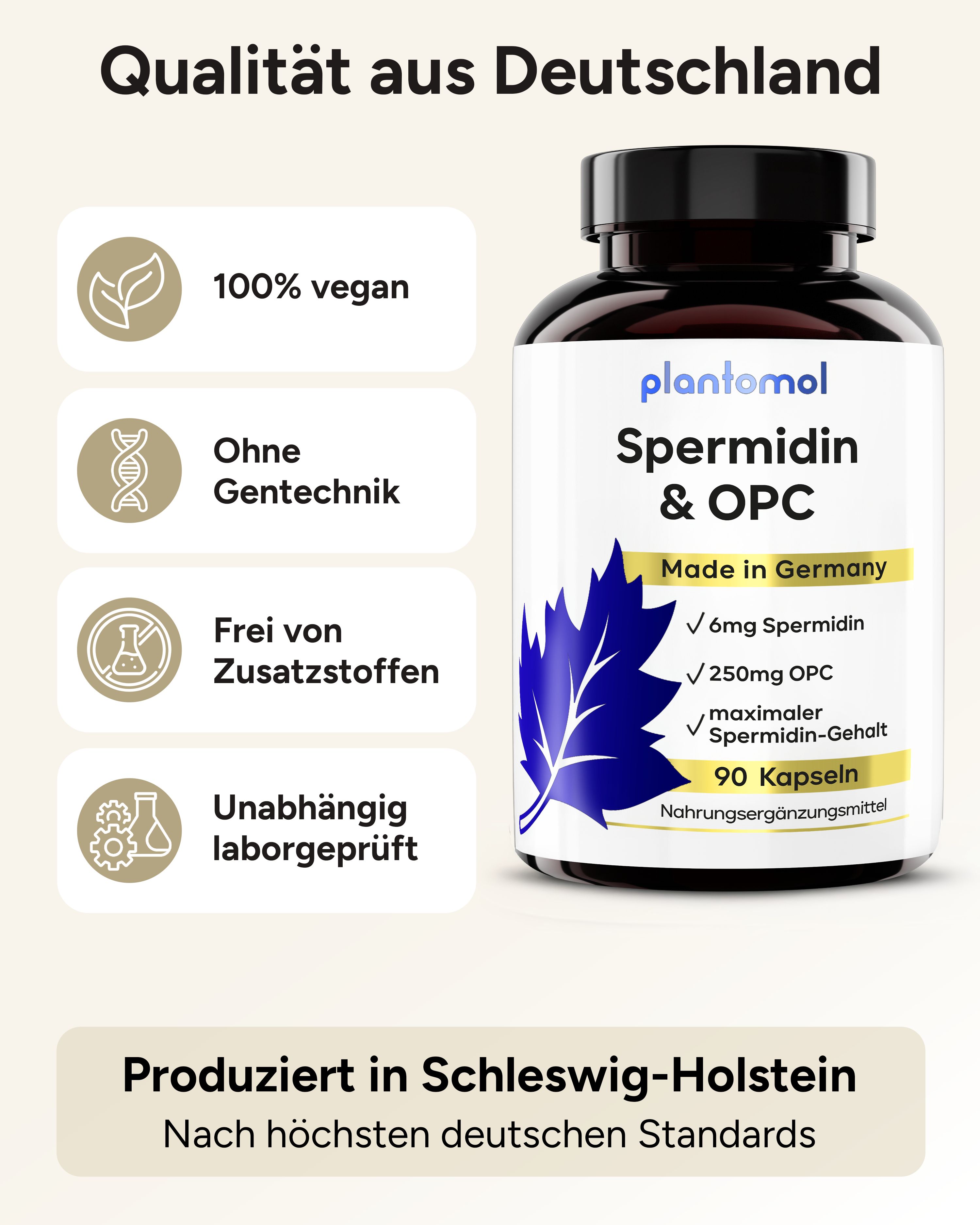 Produktflasche mit Text: plantomol Spermidin & OPC. 100% vegan, ohne Gentechnik, ohne Zusatzstoffe. 90 Kapseln.