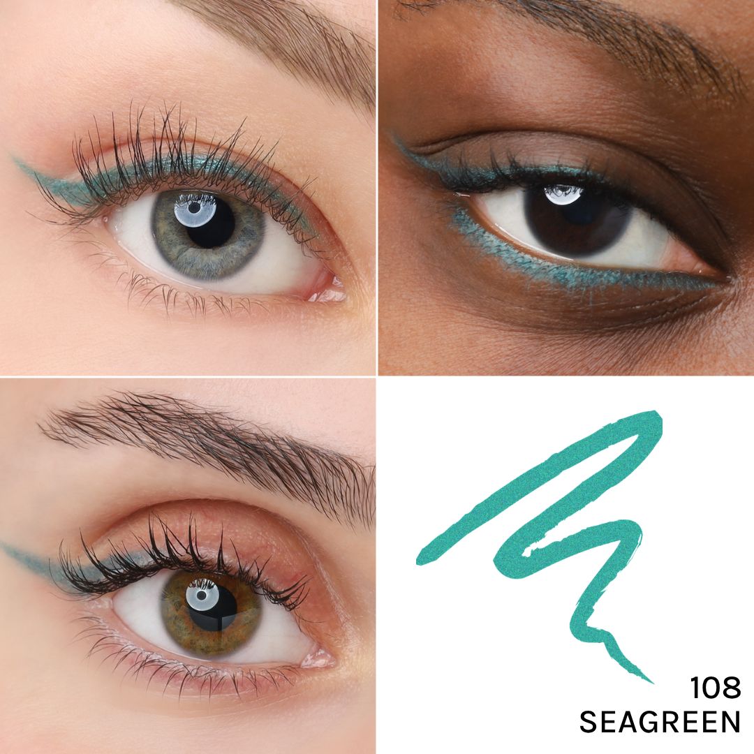 Vier Augen mit Kajal-Eyeliner in Türkis. Ein Strich des Eyeliners ist ebenfalls abgebildet, mit der Bezeichnung 108 SEAGREEN.