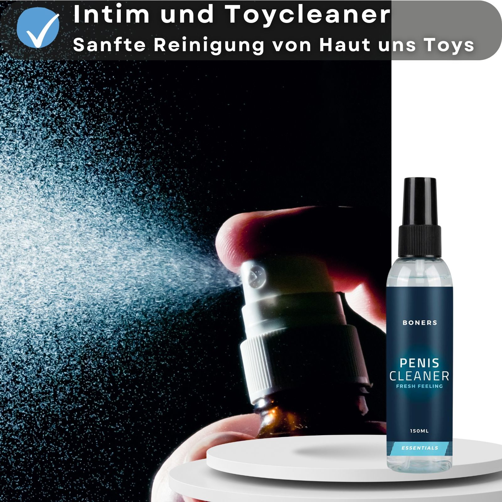 Produktflasche und Sprühnebel. Text: Intim und Toycleaner, Sanfte Reinigung von Haut uns Toys.