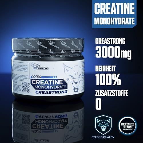 Dose Creastrong®. Text: Creatin Monohydrat, 3000mg, Reinheit 100%, 0 Zusatzstoffe. Wolf Logo.