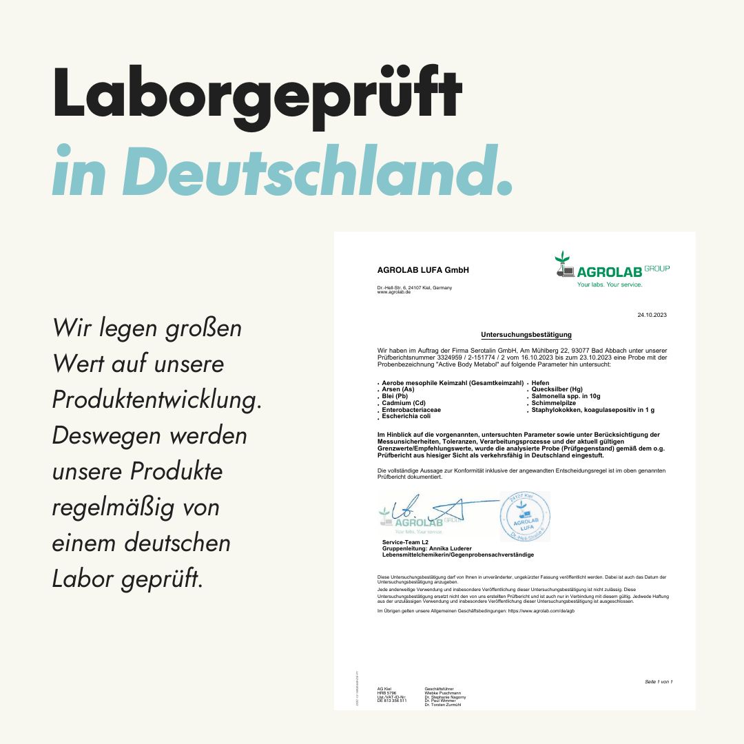 Zertifikat: Laborgeprüft in Deutschland. Text: Agrolab LUFA GmbH. Untersuchungsergebnis. Analyse von Inhaltsstoffen.