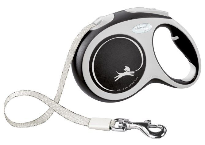Schwarz-graue Flexi®-Leine mit Gurt, Metallhaken und weißem Gurtband. Flexi-Logo sichtbar.