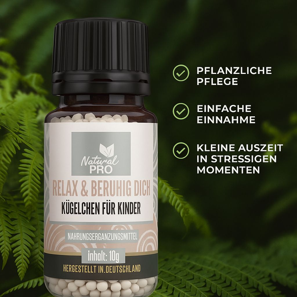 Braune Glasflasche mit schwarzem Deckel. Aufschrift: Relax & Beruhig Dich Kügelchen für Kinder. Pflanzliche Pflege, einfache Einnahme.