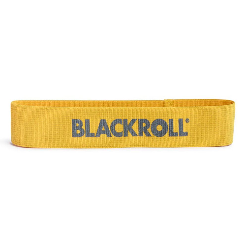 Gelbes BLACKROLL Loop Band. Grauer Schriftzug BLACKROLL. Rechteckige Form.