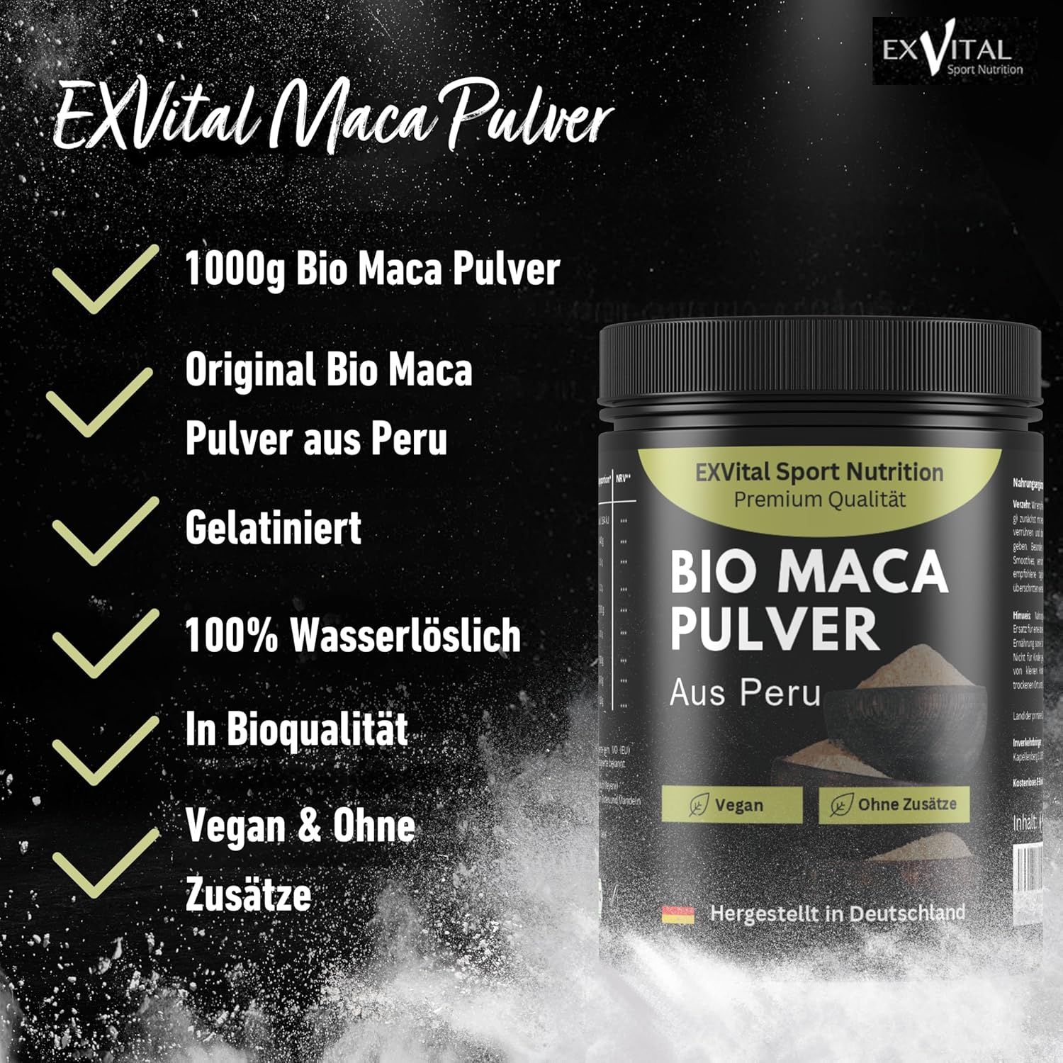 Schwarze Dose BIO Maca Pulver. Aufschrift: BIO MACA PULVER Aus Peru. Vegan und ohne Zusätze. 1000g. Original Bio Maca Pulver.