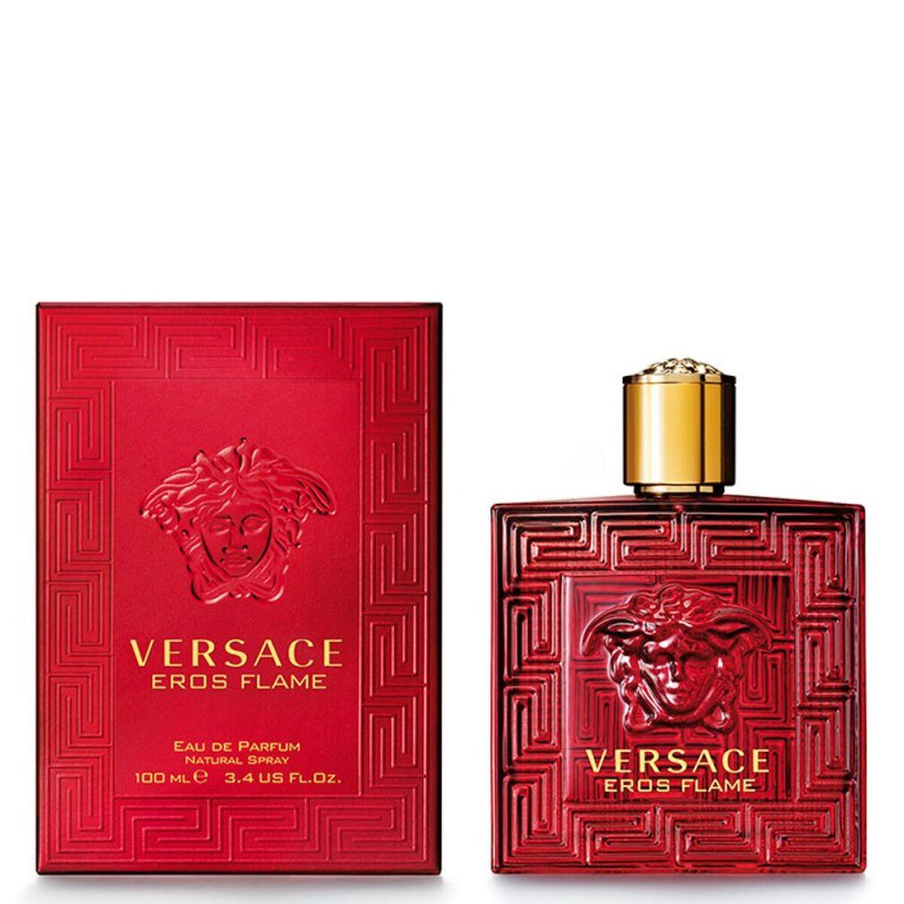 Roter Flakon und Verpackung. Aufschrift: EROS FLAME. Versace-Logo. Quadratische Form mit Reliefmuster. Goldener Verschluss.