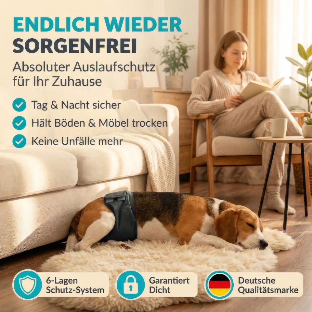 Hund mit Windel auf Teppich. Frau liest. Text: Absoluter Auslaufschutz. 6-Lagen-Schutz-System.