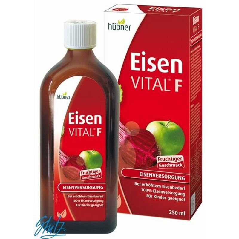 Braune Flasche und Karton mit Aufschrift 'Eisen Vital F' von Hübner. Abbildung von Apfel und Rote Bete. 250 ml.
