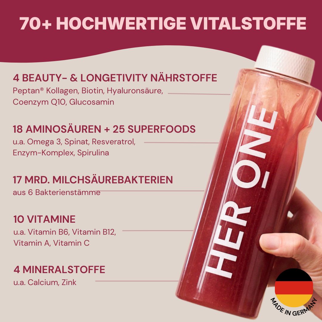 Transparente Flasche mit roter Flüssigkeit. Text: HER ONE. Enthält 70+ Nährstoffe, darunter Vitamine, Aminosäuren und Milchsäurebakterien.