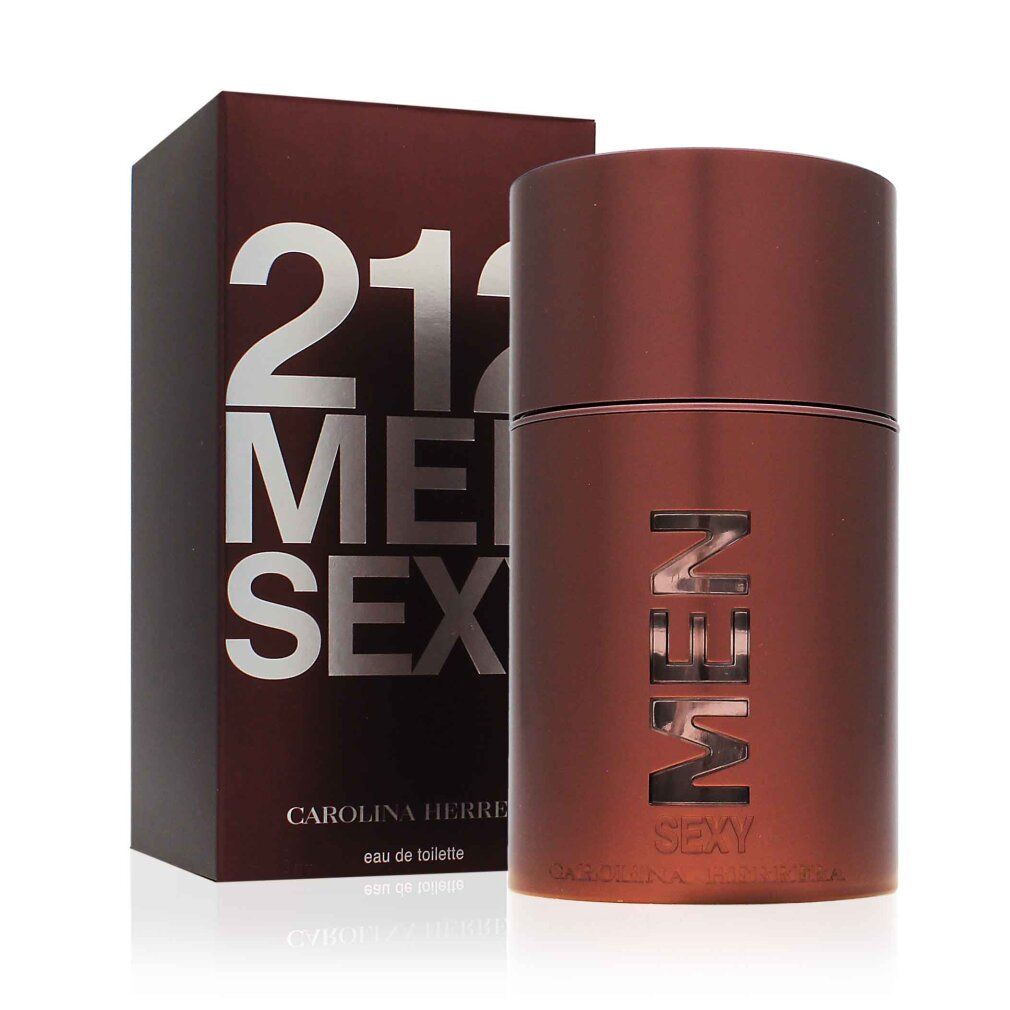 Braune Flasche und Schachtel. Auf der Schachtel steht 212 MEN SEXY. Auf der Flasche steht SEXY MEN. CAROLINA HERRERA ist auf der Schachtel.