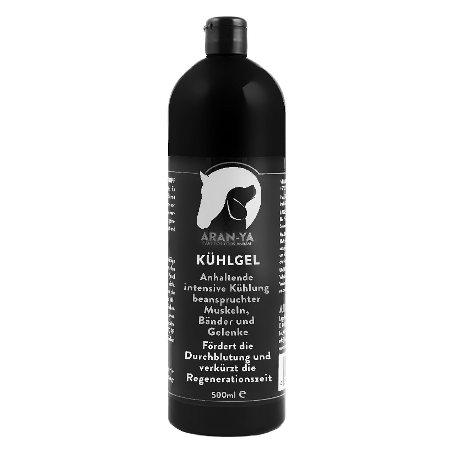 Schwarze Flasche mit weißer Aufschrift. Text: ARAN-YA, Kühlgel, für Muskeln, Bänder und Gelenke. 500ml.