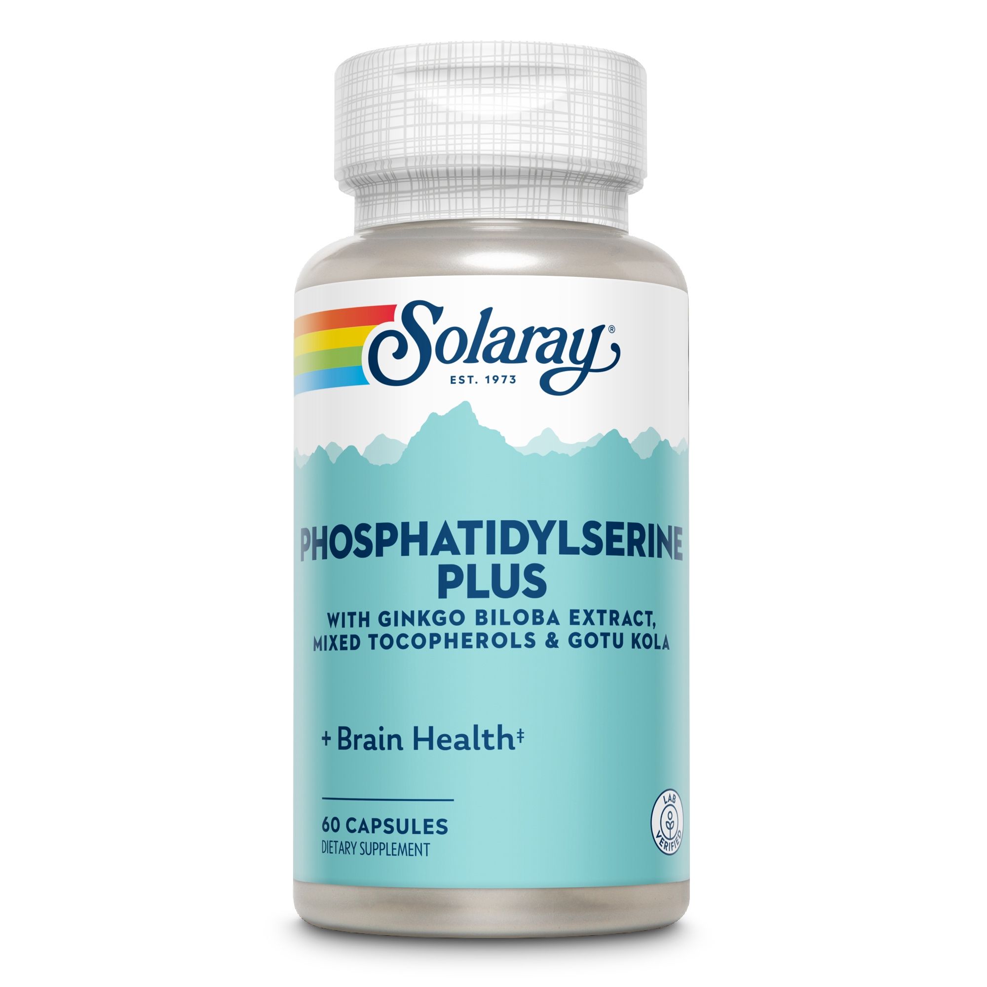 Solaray Phosphatidylserin Plus-Flasche. Aufschrift: Phosphatidylserin Plus, mit Ginkgo Biloba Extrakt, Tocopherolen & Gotu Kola, Brain Health, 60 Kapseln.