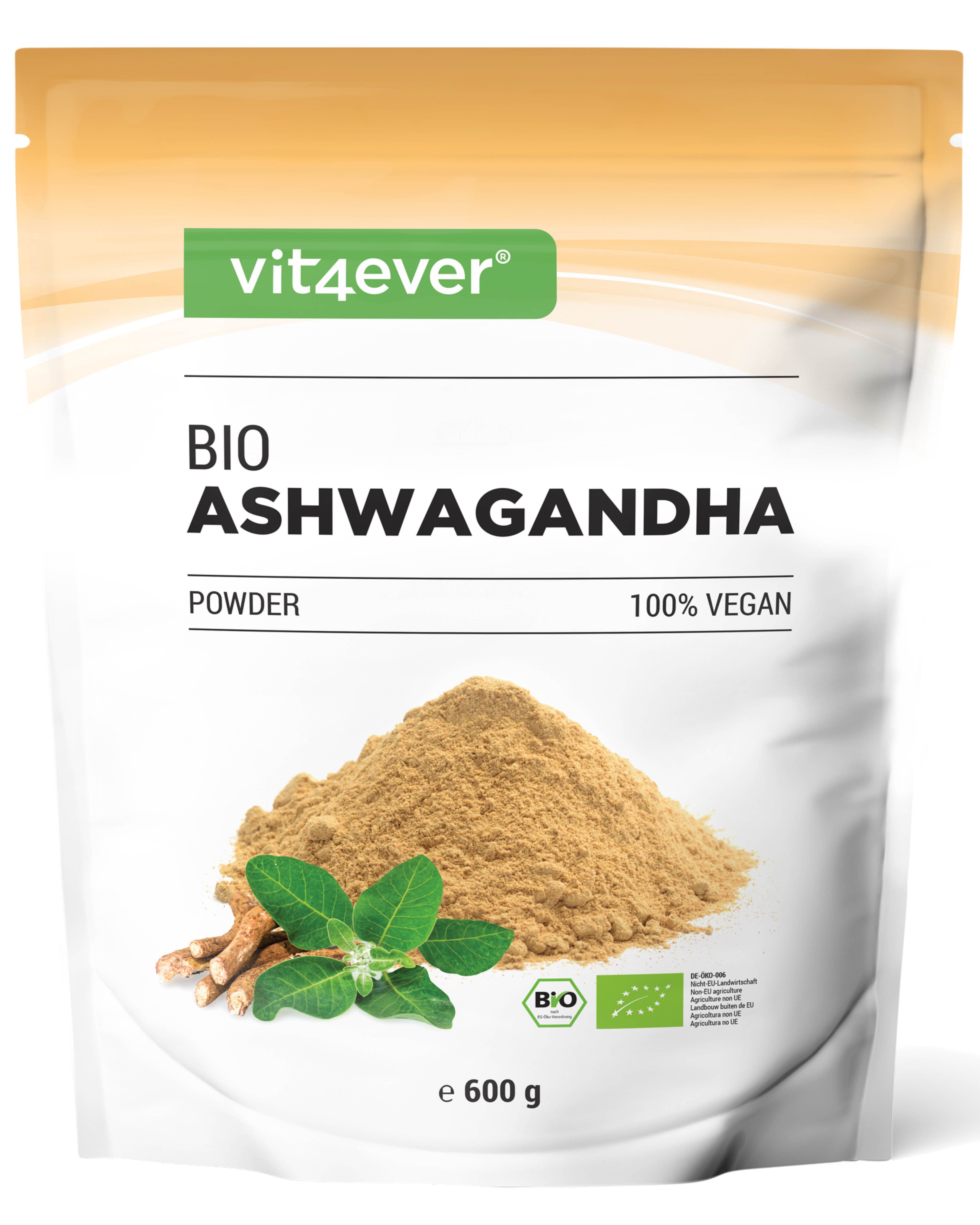 Beutel mit „BIO Ashwagandha Pulver“. Braunes Pulver, Wurzeln und Blätter. Bio-Siegel. 600 g.