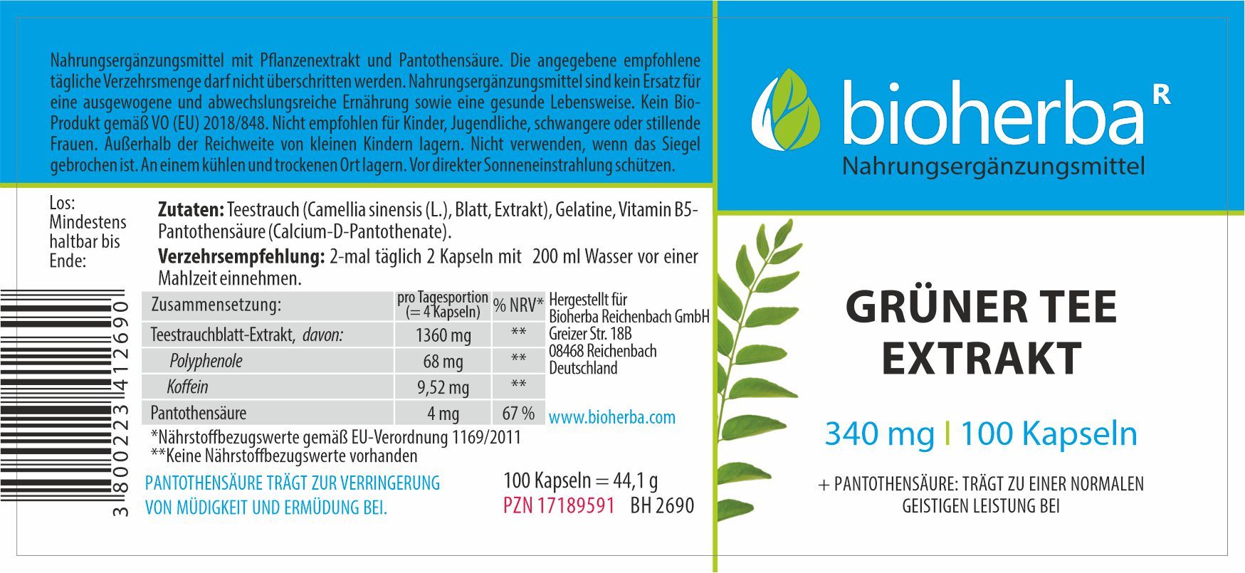 Etikett auf Flasche mit Kapseln. Aufschrift: Grüner Tee Extrakt, 340 mg, 100 Kapseln. Text: Inhaltsstoffe, Verzehrempfehlung. Bioherba-Logo.