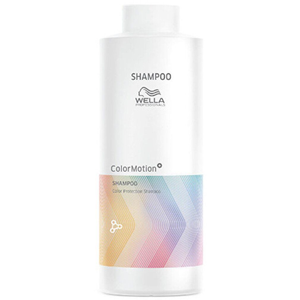 Wella Color Motion+ Shampoo Flasche, 1L. Weißer Behälter mit farbigem Etikett.