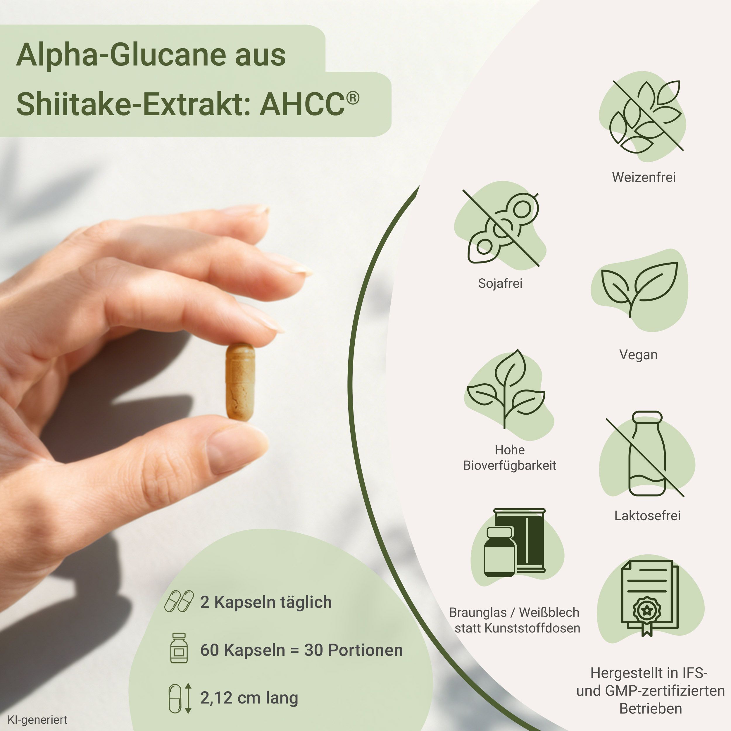 Eine Hand hält eine braune Kapsel. Links daneben: Text 'Alpha-Glucane aus Shiitake-Extrakt: AHCC®'.