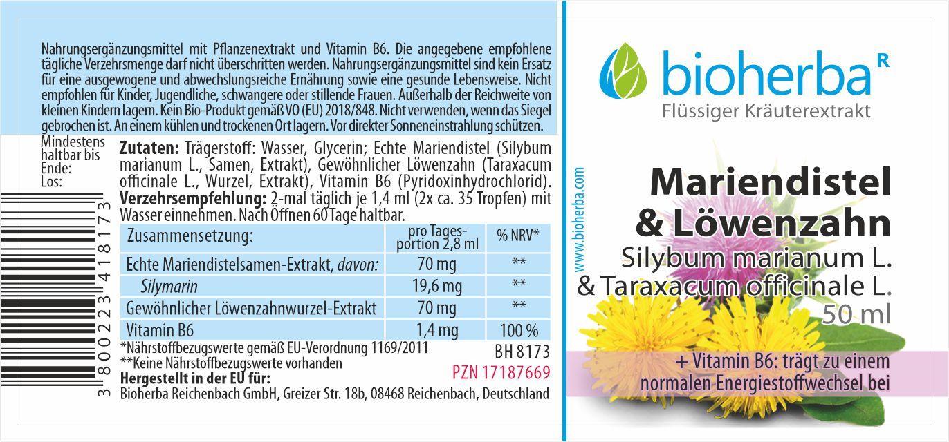 Etikett mit Produktinformationen. Mariendistel & Löwenzahn, Kräuterextrakt. Zutaten, Verzehrempfehlung, Zusammensetzung. Marke Bioherba.
