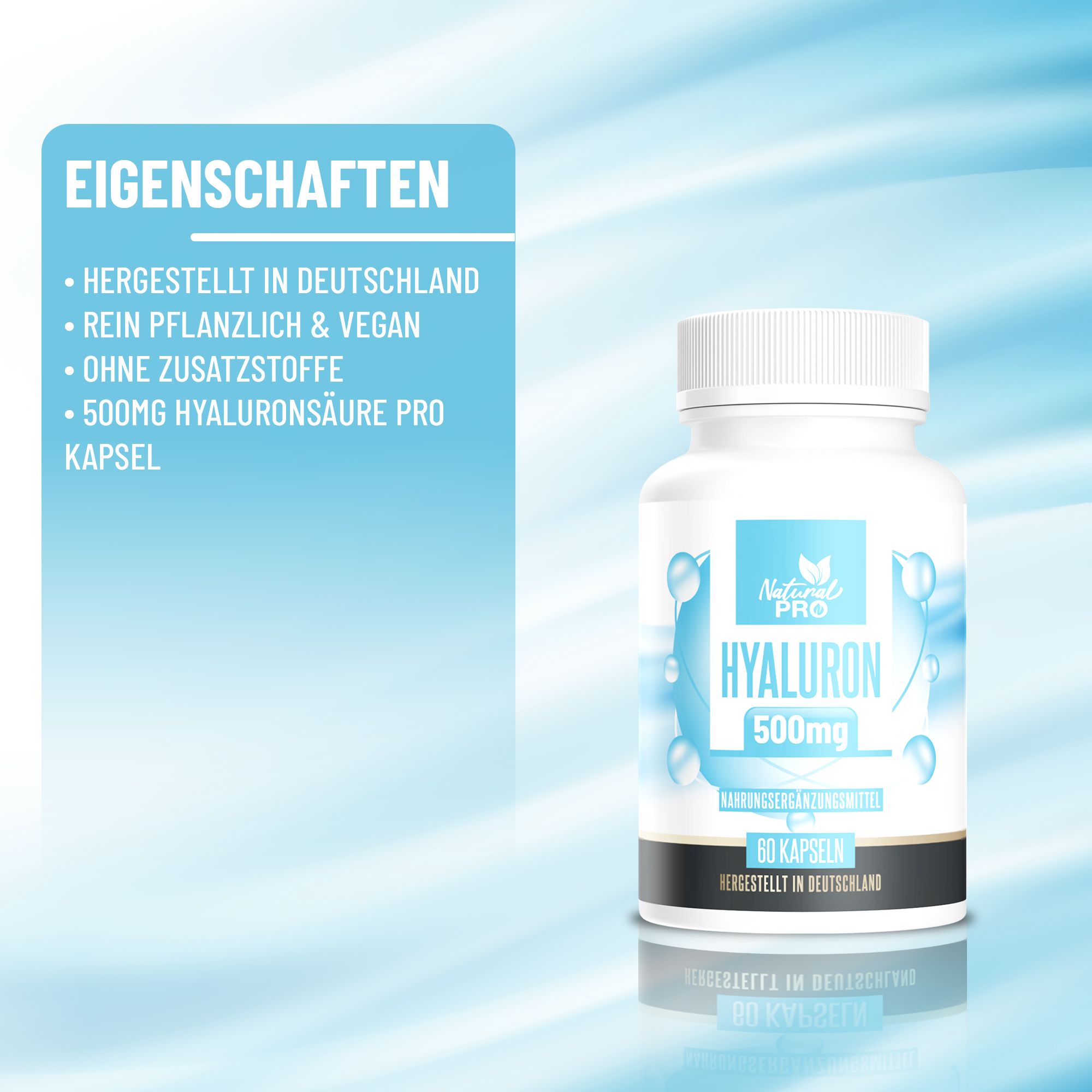 Weiße Pillenflasche mit blauem Etikett. Text: Eigenschaften. Produktname und Details. Hintergrund: blau-weiß.